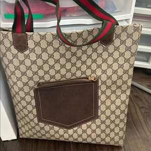 Gucci Tote Bag Monogram Coated Canvas Leather Vintage Purse Shoulder Web Bag